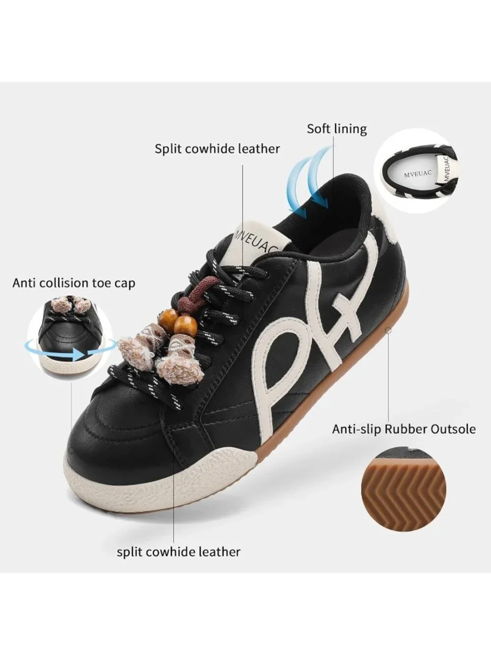 Women's Black Leather Lightweight ﻿Retro Gum Sole Walking Fashion Sneakers